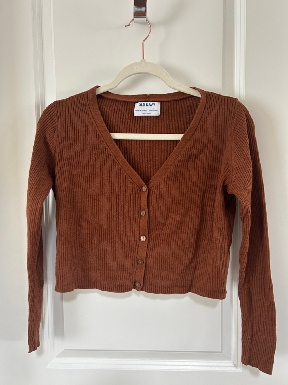 Old Navy Rust Brown Ribbed V-Neck Button Cropped Cardigan